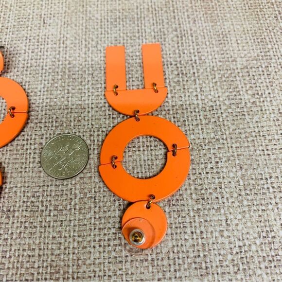 Neon Orange Geometric Dangle Earrings - Picture 2 of 2